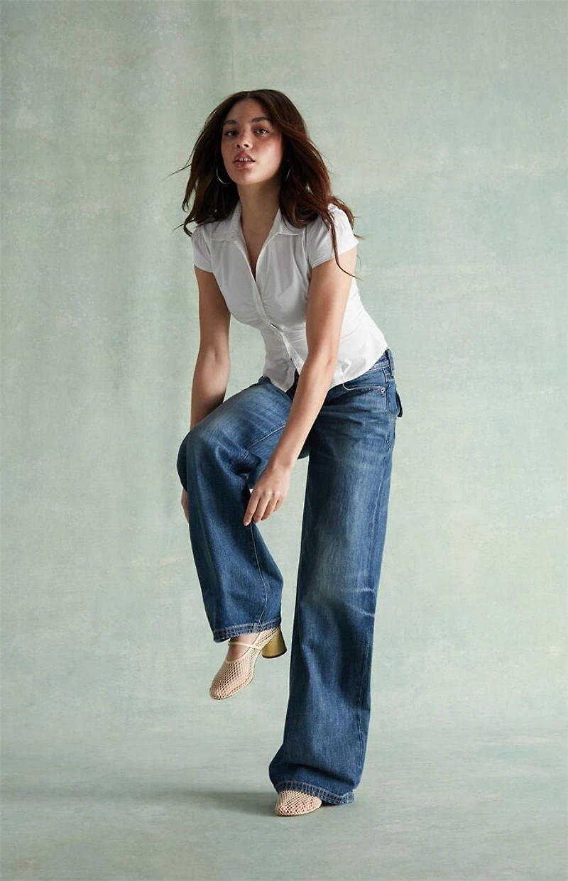 RARE DNM EDIT Light Blue Rhinestone Button Pocket Low Rise Baggy Jeans