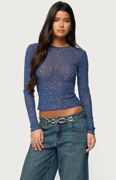 Edikted Anari Rhinestone Mesh Top