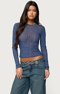 Edikted Anari Rhinestone Mesh Top