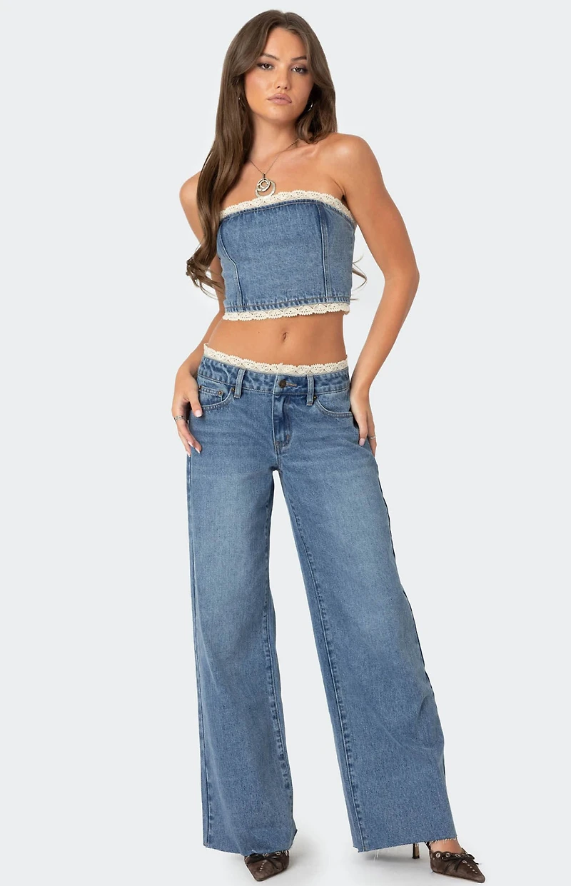 Edikted Karlie Lace Trim Denim Tube Top