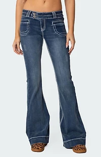 Edikted Contrast Stitch Low Rise Flared Jeans