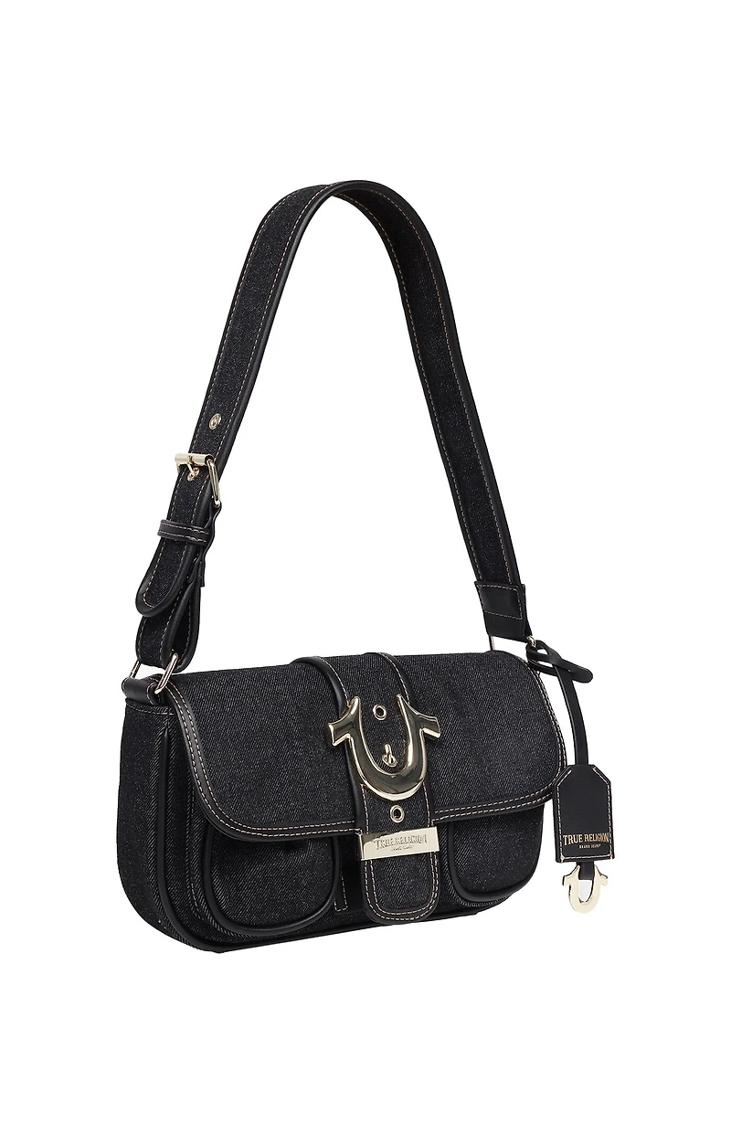 True Religion Black Double Pocket Denim Satchel Bag