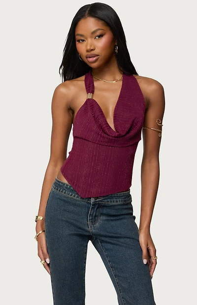 Edikted Mimi Asymmetric Textured Mesh Halter Top