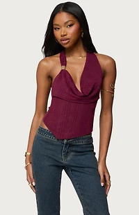 Edikted Mimi Asymmetric Textured Mesh Halter Top