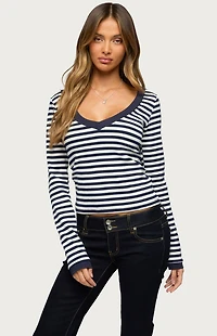 Edikted Kimi Striped Long Sleeve V Neck Top