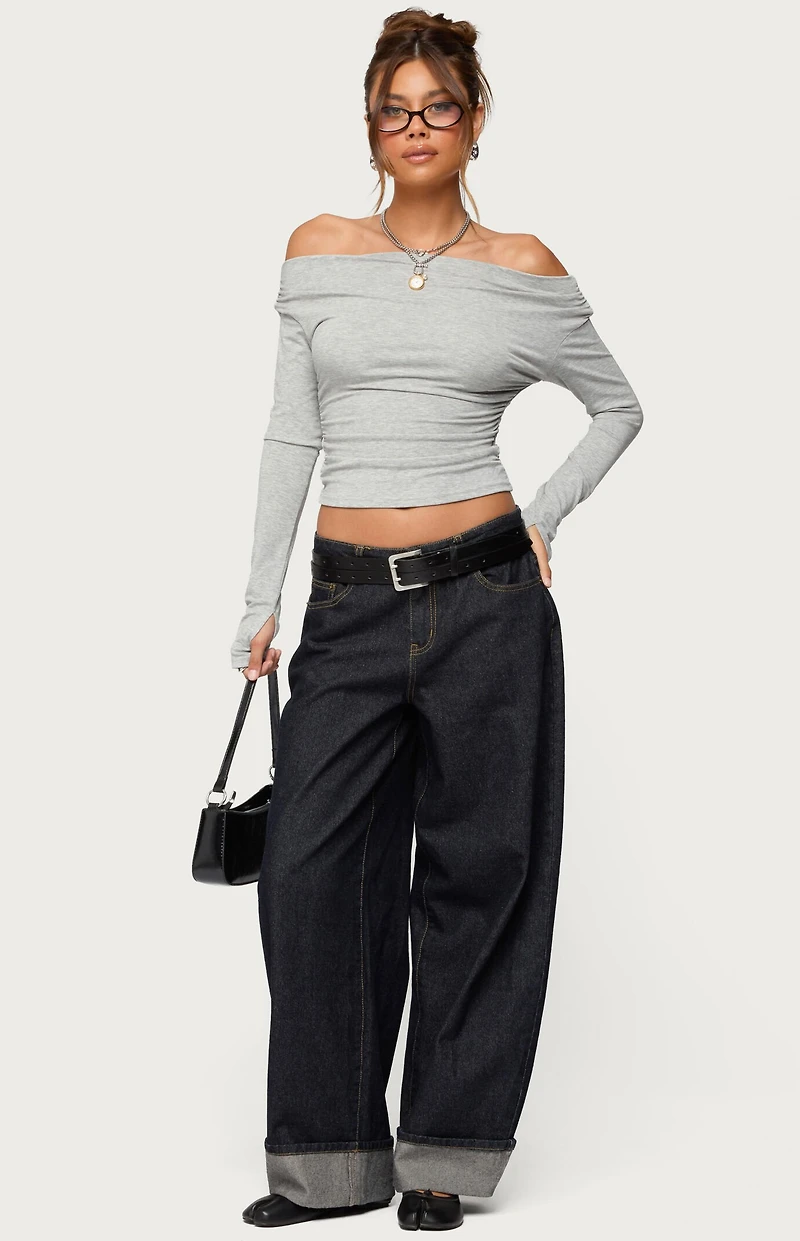 Edikted Milane Ruched Off Shoulder Ribbed Top