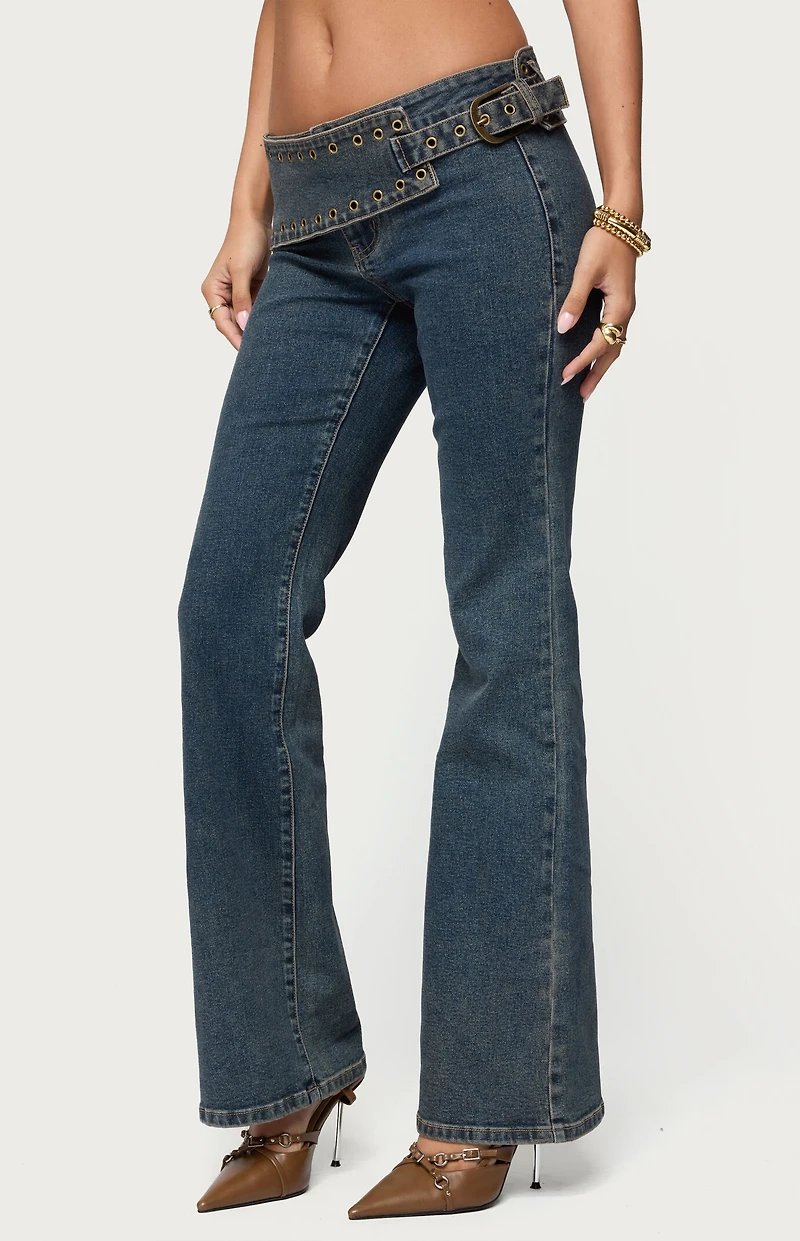 Edikted Asymmetric Grommet Belt Low Rise Flare Jeans