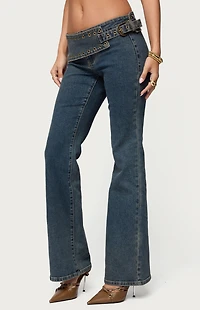 Edikted Asymmetric Grommet Belt Low Rise Flare Jeans