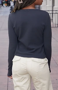 John Galt Black Tori Waffle Knit Basic Long Sleeve Top