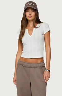 Edikted Semi Sheer Ribbed V Neck T-Shirt