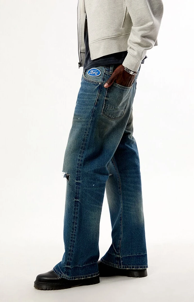 FORD Medium Indigo Ripped Baggy Bootcut Jeans