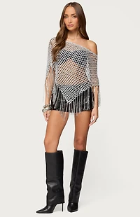 Edikted Evette Fringe Open Knit Metallic Poncho