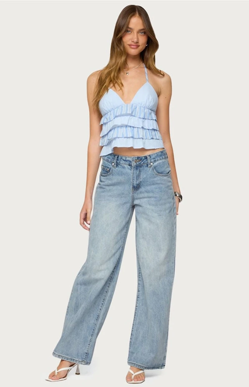 Edikted Tiered Ruffle Backless Striped Halter Top