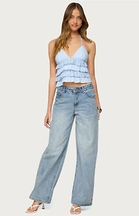 Edikted Tiered Ruffle Backless Striped Halter Top