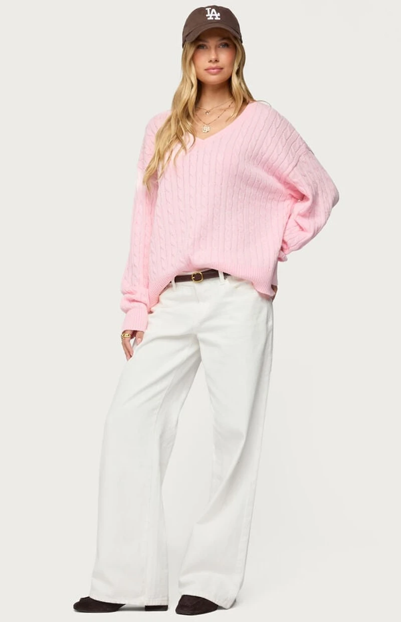 Edikted Polly V Neck Cable Knit Sweater