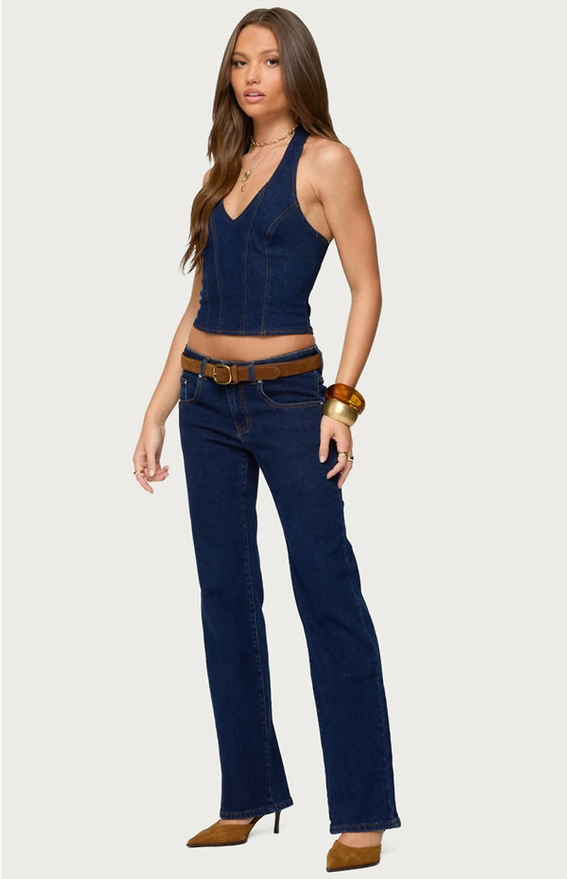 Edikted Jemima Contrast Stitch Denim Halter Top