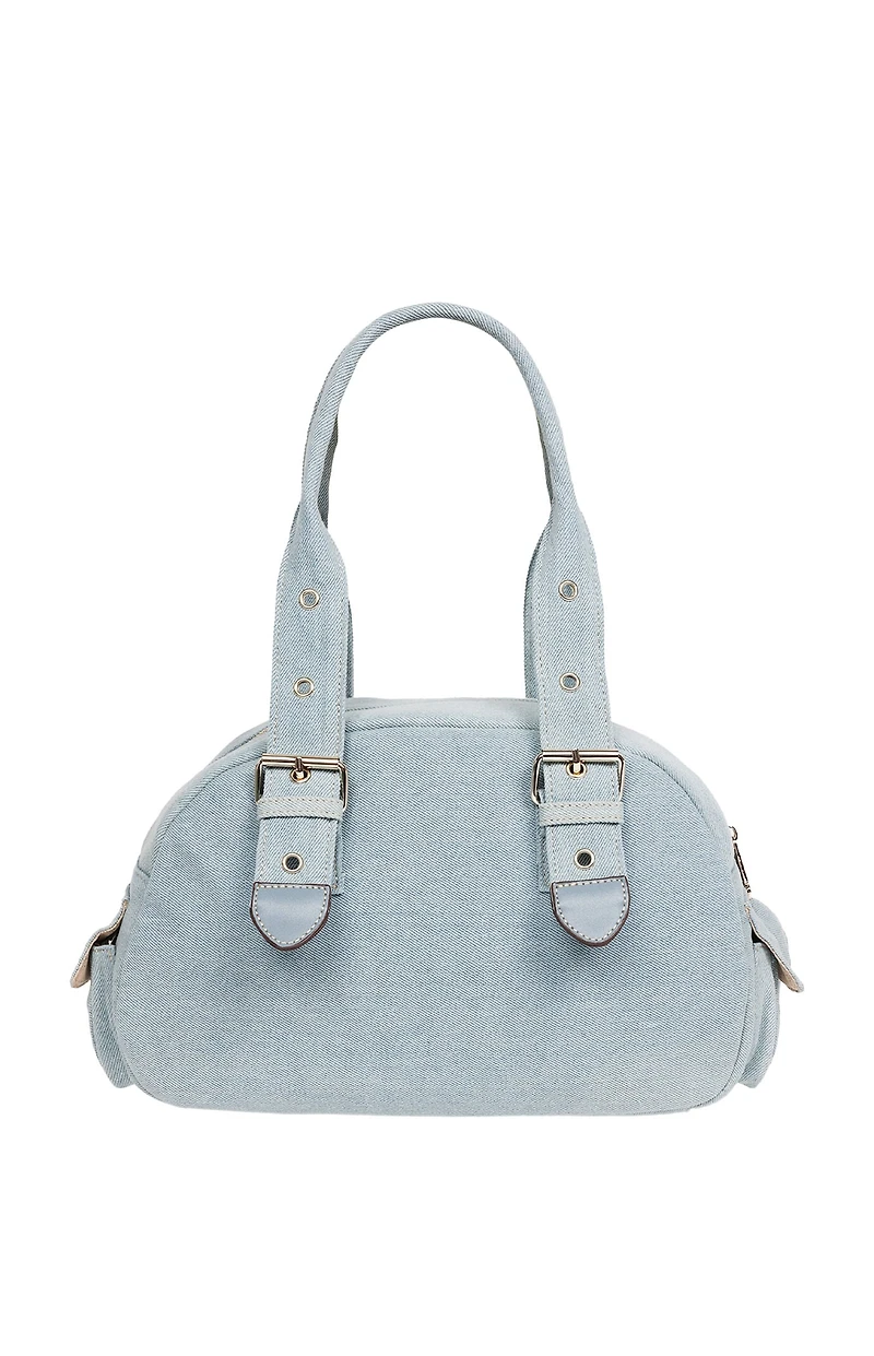 True Religion Blue Denim Multi Patch Satchel Bag