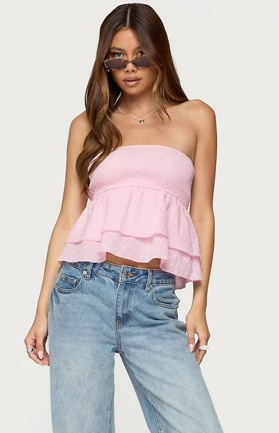 Edikted Toria Ruffled Eyelet Strapless Top