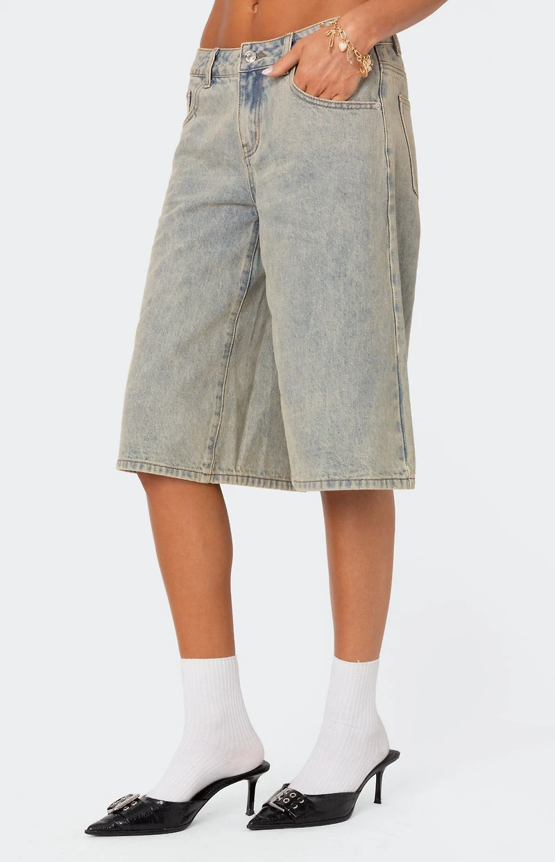 Edikted Xtra Long Acid Wash Denim Shorts