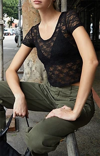 John Galt Black Lace Short Sleeve T-Shirt