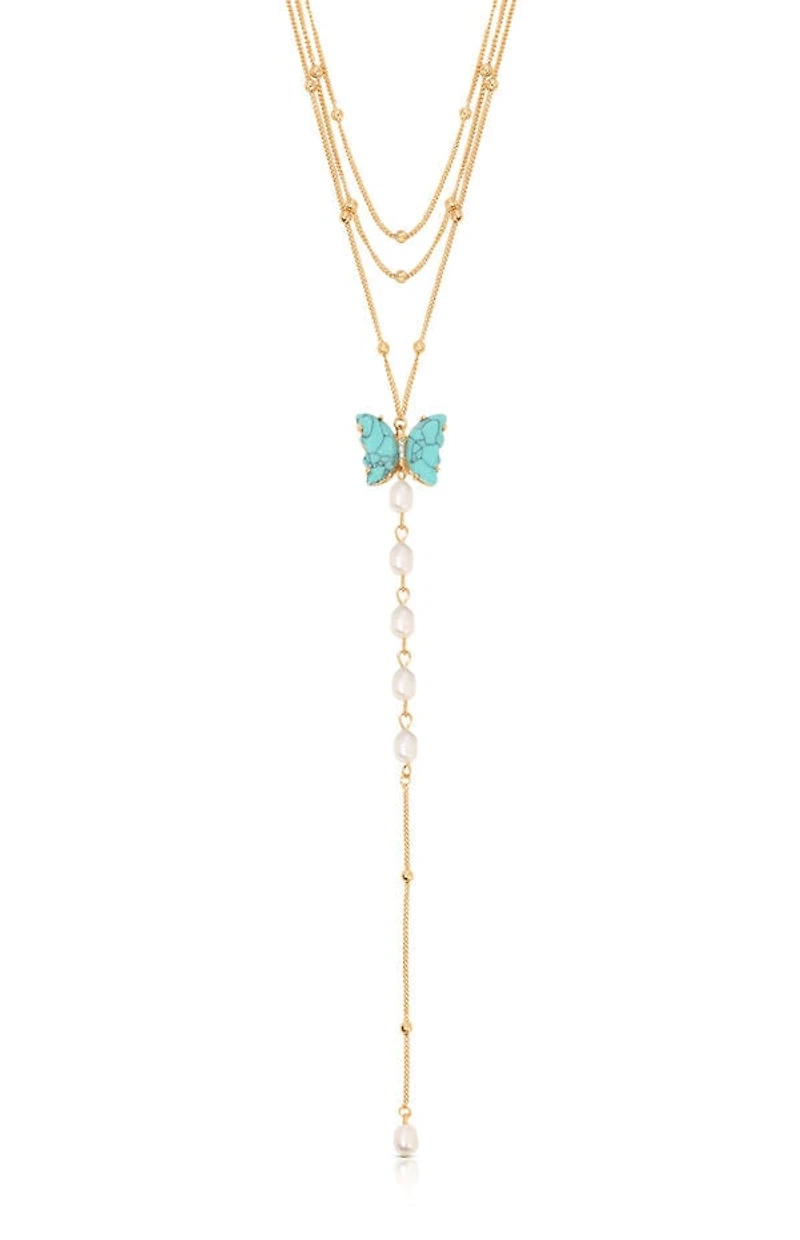 Ettika Turquoise Butterfly Pearl Chain Lariat Necklace