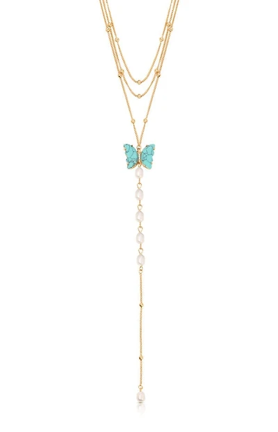 Ettika Turquoise Butterfly Pearl Chain Lariat Necklace