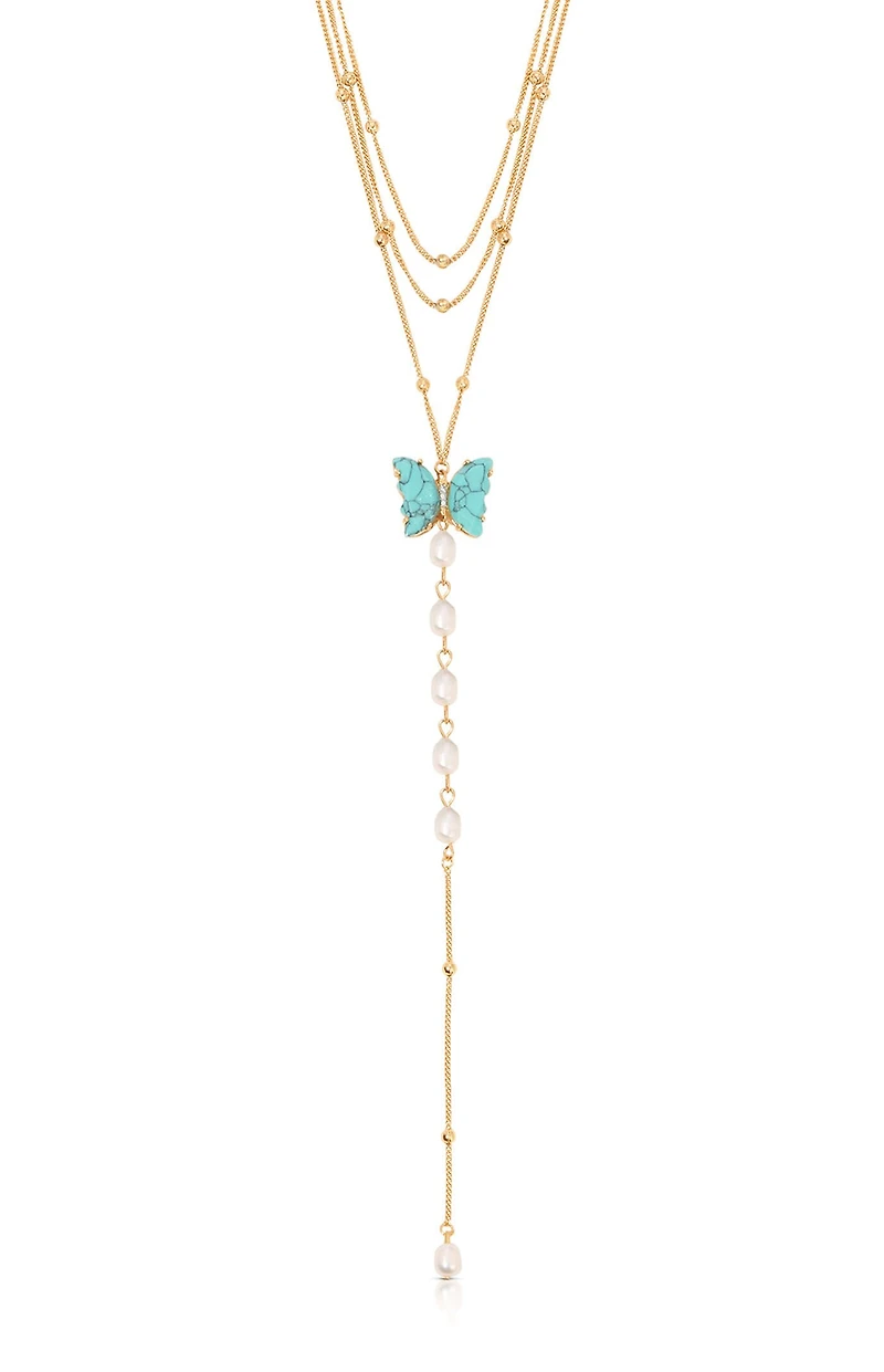 Ettika Turquoise Butterfly Pearl Chain Lariat Necklace