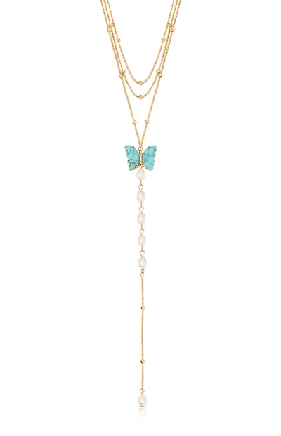 Ettika Turquoise Butterfly Pearl Chain Lariat Necklace