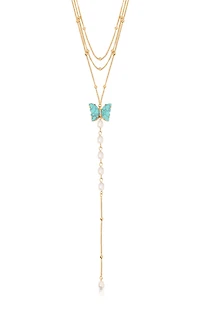 Ettika Turquoise Butterfly Pearl Chain Lariat Necklace