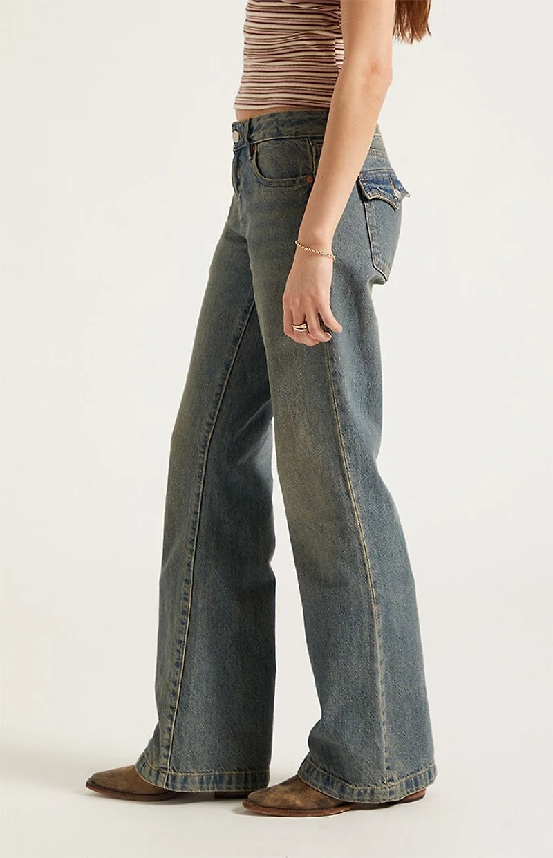 Pacsun Jade Low Rise Bootcut Jeans Button Pocket Dark Blue