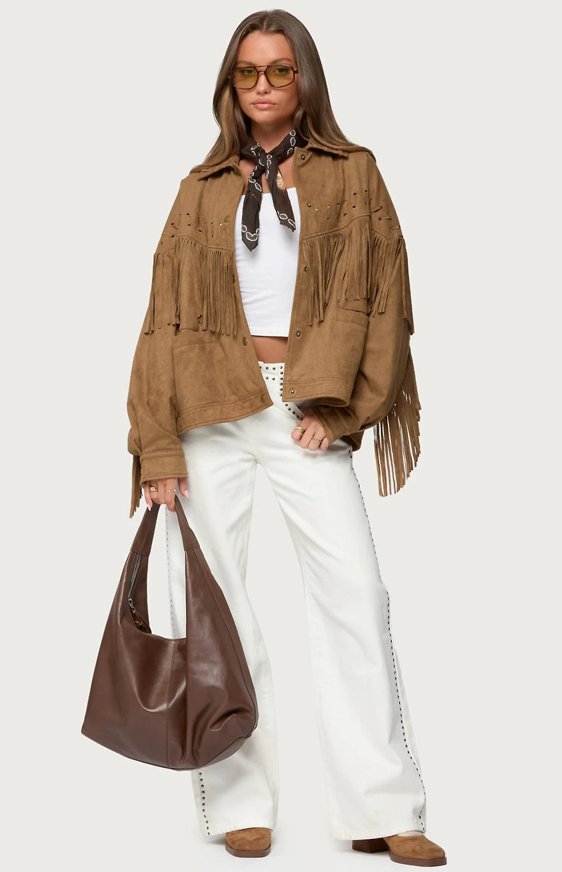 Edikted Evonka Fringe Faux Suede Jacket