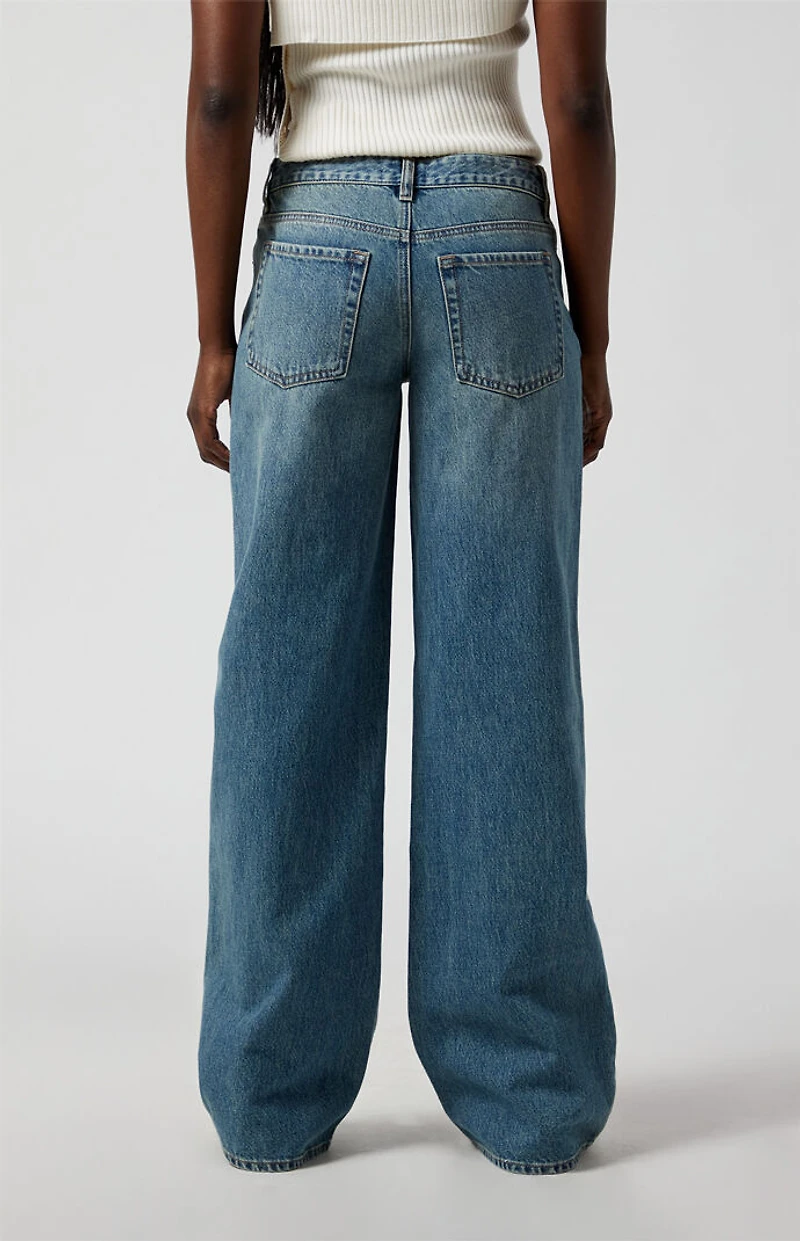 Pacsun Casey Low Rise Baggy Jeans Bow Graphic Medium Indigo