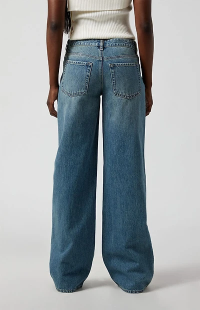 Pacsun Casey Low Rise Baggy Jeans Bow Graphic Medium Indigo