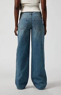 Pacsun Casey Low Rise Baggy Jeans Bow Graphic Medium Indigo
