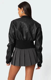 Edikted Cropped Faux Leather Bomber Jacket