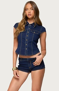 Edikted Contrast Stitch Button Up Denim Shirt