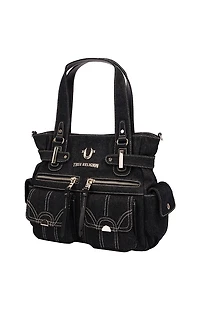 True Religion Multi Pocket Black Denim Cinch Tote Bag