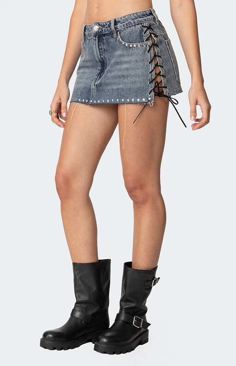 Edikted Casey Lace Up Denim Mini Skirt