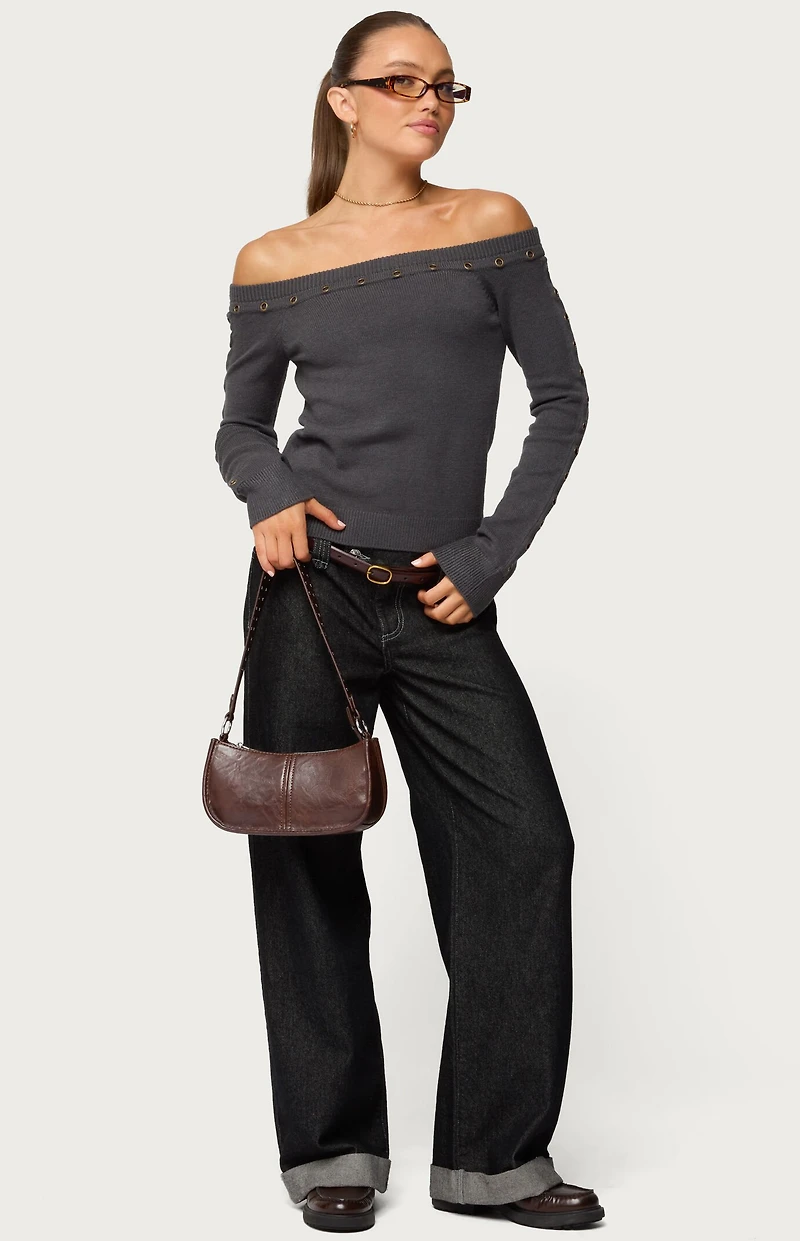 Edikted Morgen Grommet Off Shoulder Knit Top