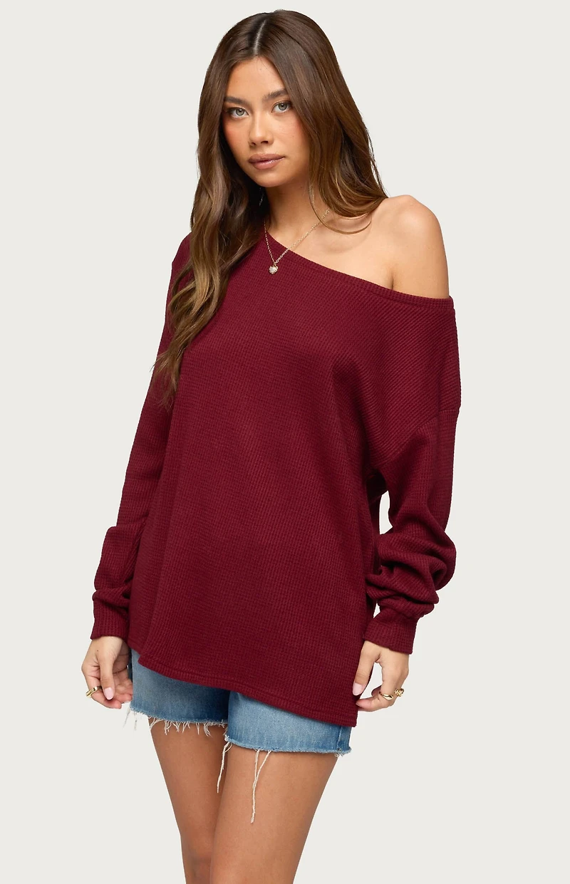 Edikted Damari Off Shoulder Oversized Waffle Top