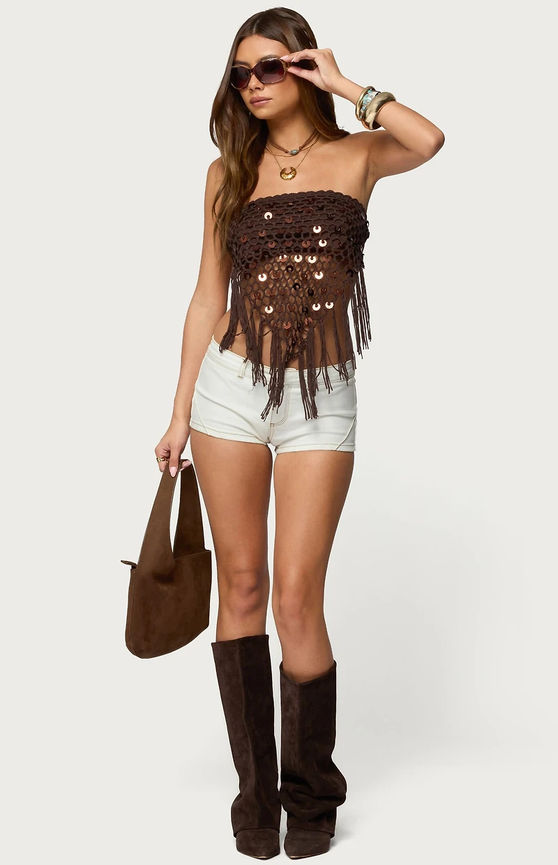 Edikted Handkerchief Backless Crochet Fringed Top