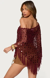 Edikted Fringe Sequin Crochet Poncho