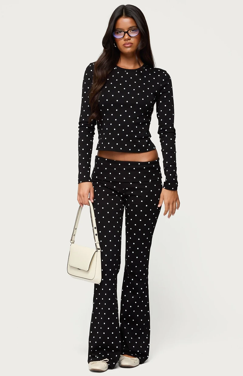 Edikted Daliya Polka Dot Fold Over Flared Leggings
