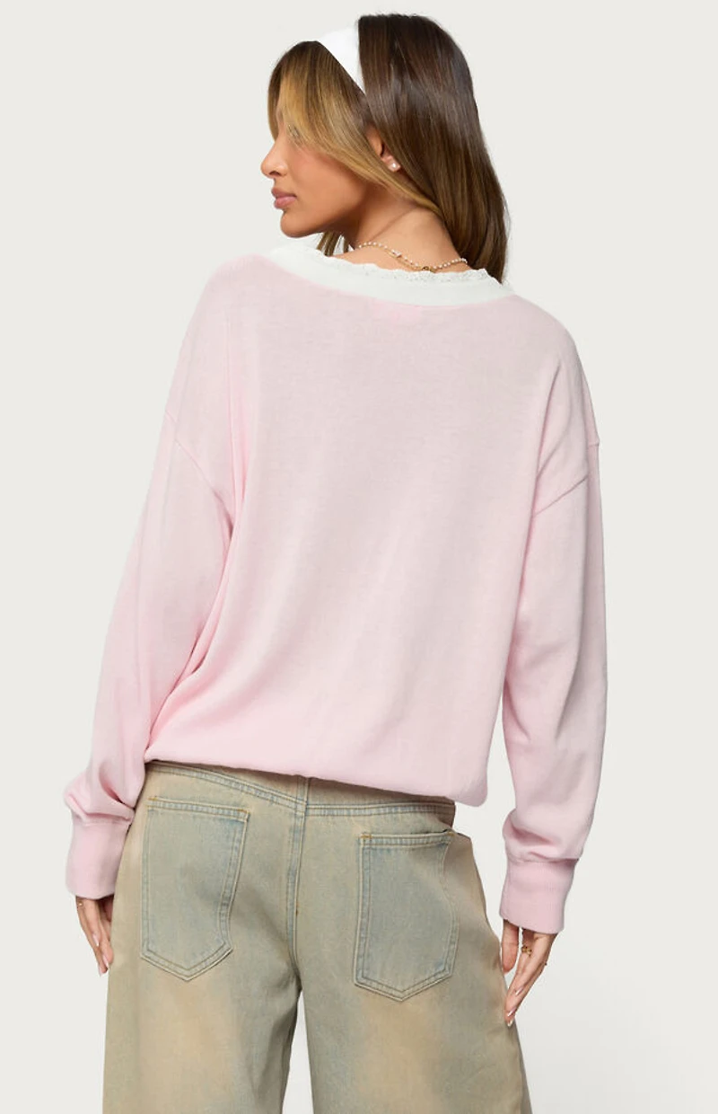 Edikted Marie Contrast Lacey V Neck Sweater