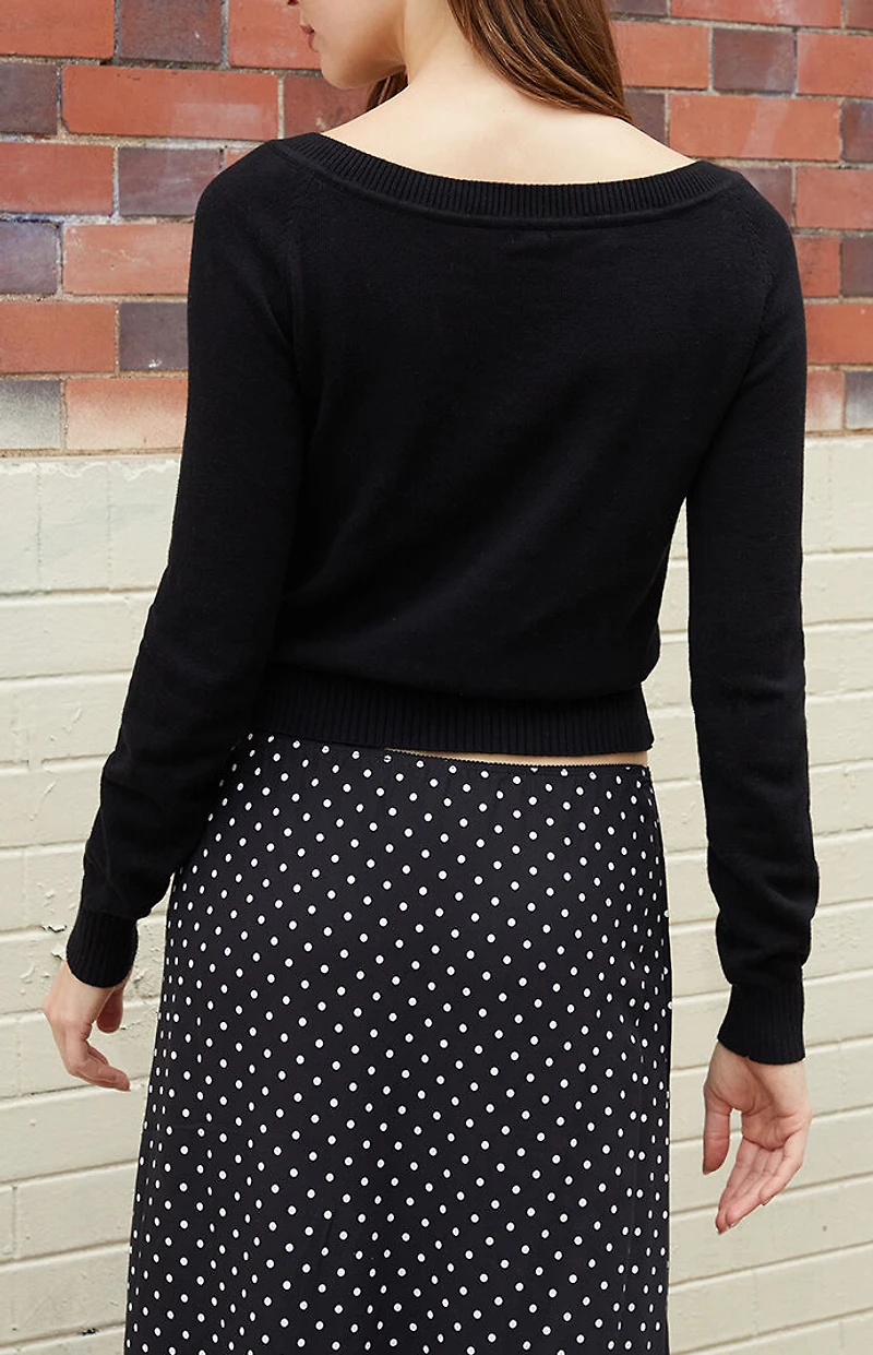 John Galt Black Off-The-Shoulder V-Neck Sweater