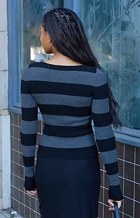 John Galt Black and Gray Zelly Striped Ribbed Long Sleeve Top