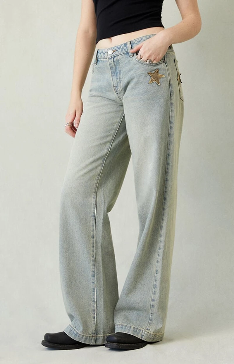 Pacsun Casey Low Rise Baggy Jeans Camo Star Light Indigo