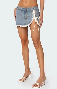 Edikted Eyelet Lace Up Denim Mini Skirt