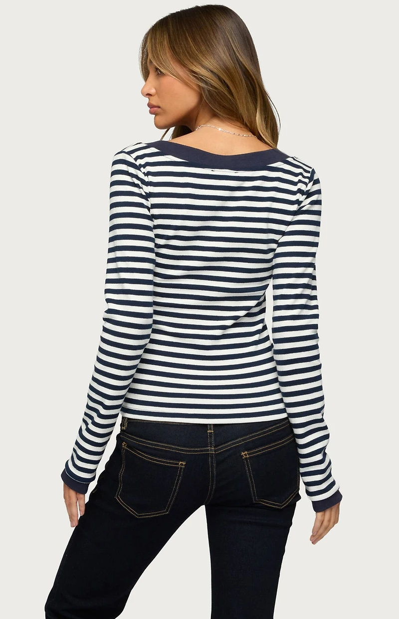 Edikted Kimi Striped Long Sleeve V Neck Top
