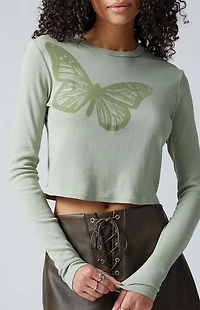 Third Charm Butterfly Long Sleeve Cropped T-Shirt
